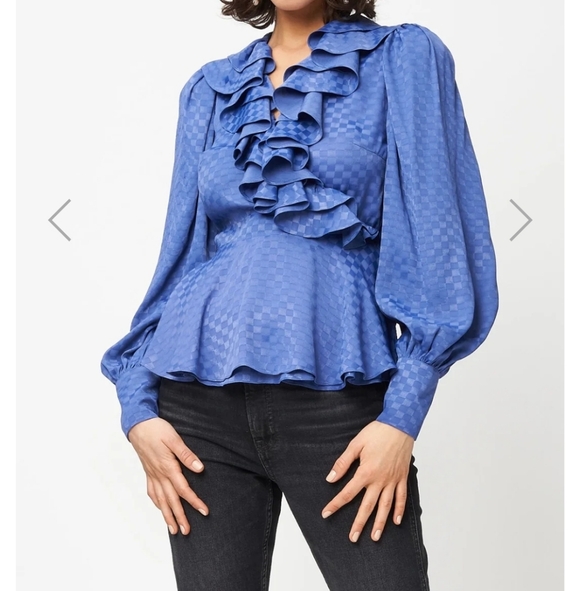 Checkered Blue Ruffled Wrap Blouse - Picture 1 of 5